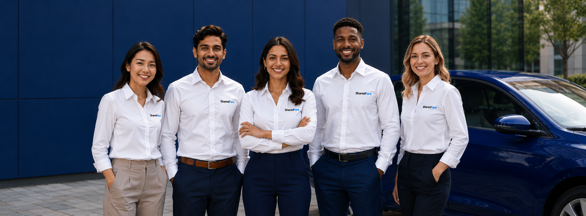 The SharedFare team standing together outside their office